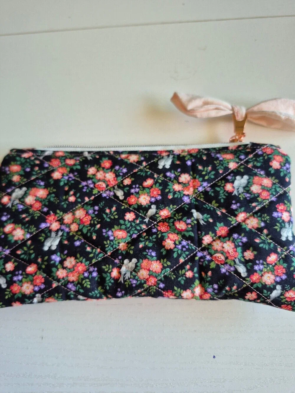 Handmade Quilted Floral Cosmetic Pouch with Bow Accent  flowers & birds material